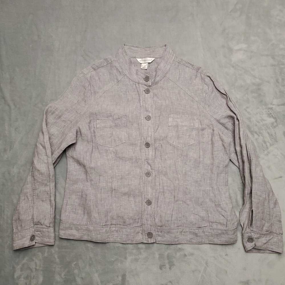 Christopher & Banks Jacket Women XL Gray 100% Linen Button Up Lightweight Casual